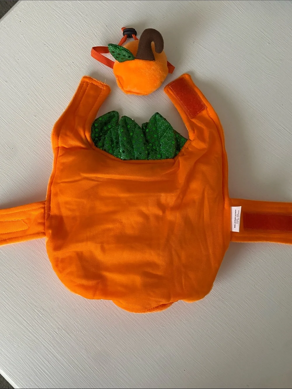Small Dog Orange Pumpkin Costume with Green Leaf Accent & Hat
